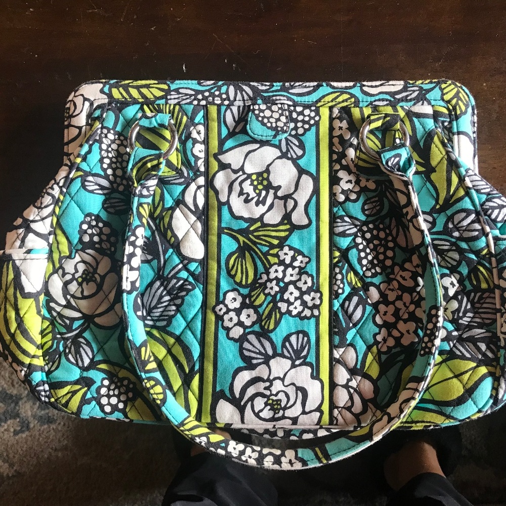 Quilted Floral Tote Bag in Teal and White